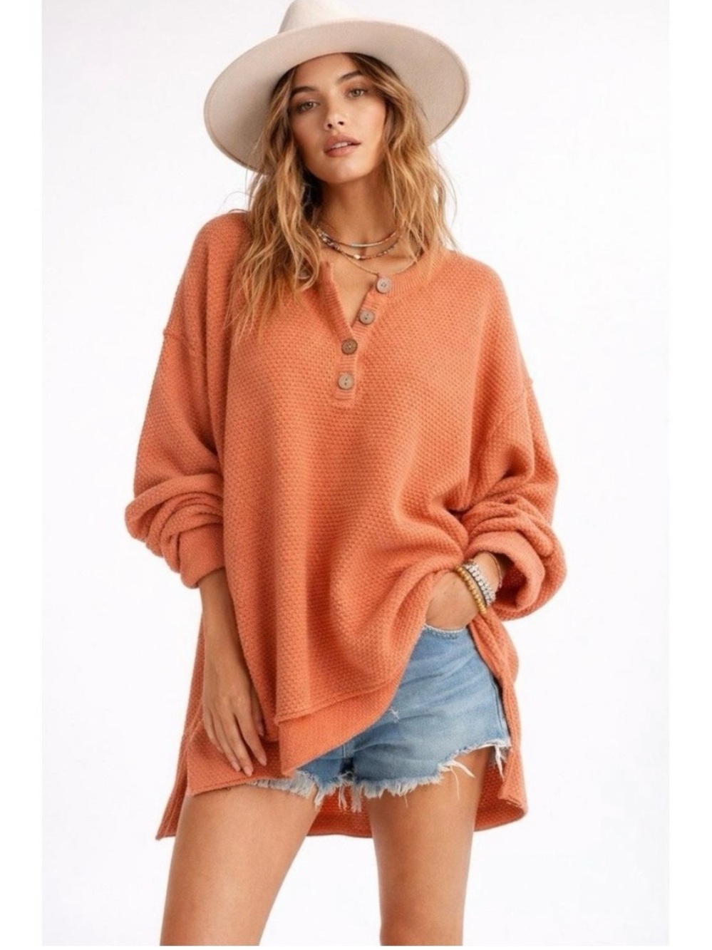 Free People Beach Hailee Orange Henley Oversized Waffle Knit Henley Sweater Sz S